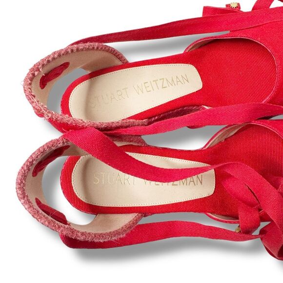 Stuart Weitzman Marguerita Canvas Espadrille Wedge Red Ankle Wrap Sandals Siz 10 - Picture 8 of 13
